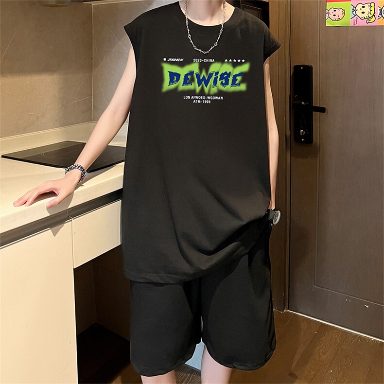 直播品质美式宽松纯棉背心无袖t恤短裤大码两件套套装TZ53-P58,男装T恤,电商A486
