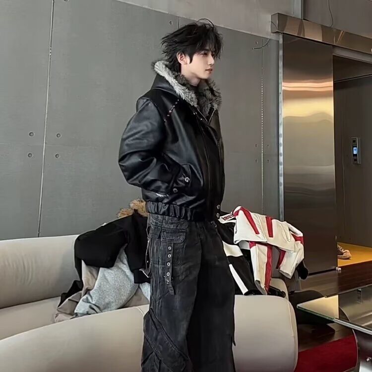 现货潮连帽仿兔毛座山雕皮棉服cleanfit短宽棉衣MY284/P150,男装棉衣,星座205-3