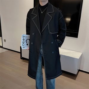新款韩版明线设计中长款风衣外套男过膝双排扣风衣男潮FY005-P170图片