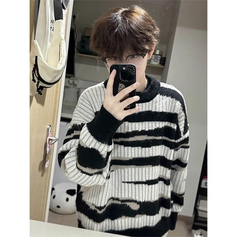 黑白条纹海马毛毛衣美式复古慵懒风针织衫潮牌外套MY07特P46,男装针织衫/毛衣,星座908-1