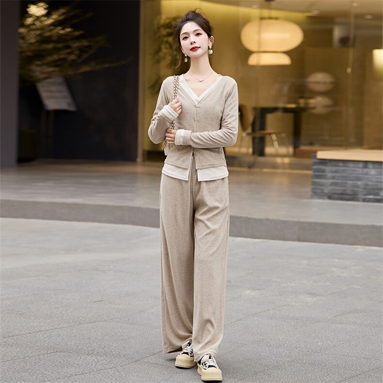 时尚修身显瘦假两件套装女2024春装长袖T恤+高腰阔腿长裤两件套,女装套装/套裙,江南女神
