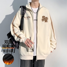 2023冬新款港风加绒加厚个性毛巾绣摇粒绒开衫连帽卫衣23153-P65，男装卫衣，星座914-3