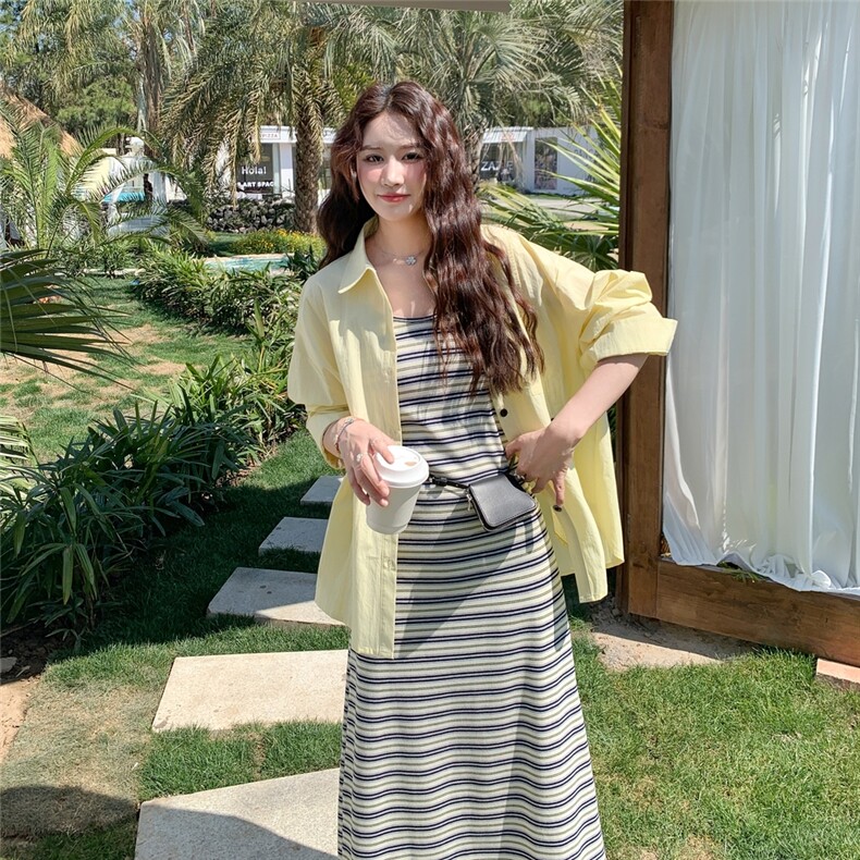 韩系松弛感通勤套装女夏季新款轻薄休闲衬衫显瘦条纹吊带裙两件套,女装套装/套裙,2C213