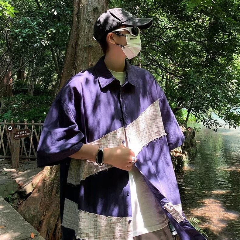 宽松型五分袖日常时尚纯色新款潮流男青春流行夏季文艺衬衫慵懒图片