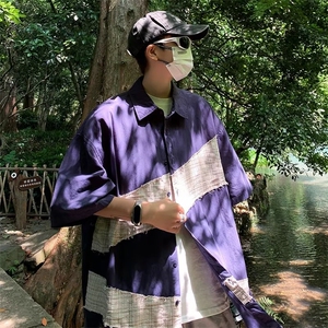 宽松型五分袖日常时尚纯色新款潮流男青春流行夏季文艺衬衫慵懒图片