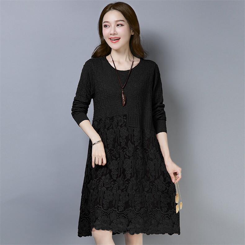 优雅蕾丝拼接长袖连衣裙显瘦气质女装,女装连衣裙,江忆布依