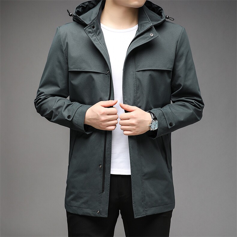 男士2023年秋季新款商务休闲连帽外套中年男装宽松免烫中长款风衣，男装风衣，电商B212（原钱塘6029）