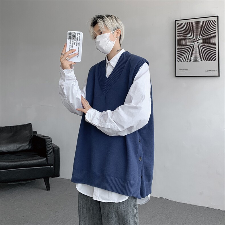 针织V领毛衣背心侧边下摆开叉马甲男叠穿外套日系慵懒坎肩9099P58图片
