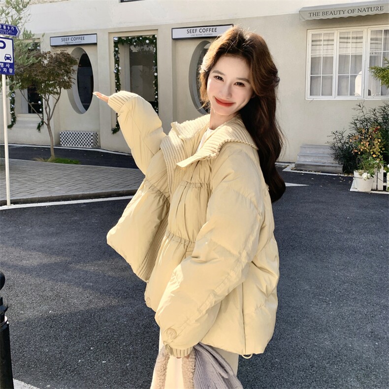 针织拼接杏色泡芙羽绒服女冬2025年超火好看高级小众短款加厚外套,女装羽绒服,2C093