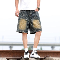 街头设计感痞帅牛仔短裤男士夏五分裤宽松休闲直筒中裤RK2814-P46，男装牛仔裤，星座412-2