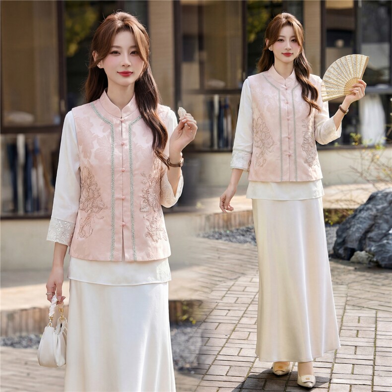 现货春装新款简约时尚休闲重工艺钉珠减龄马甲可组合三件套半裙衫，女装马甲，韩美纤衣