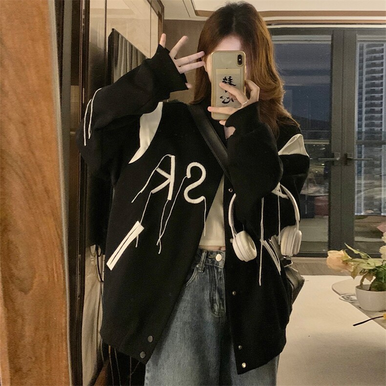 美式潮牌情侣设计感夹克宽松复古重工刺绣棒球服外套女男C387-90图片