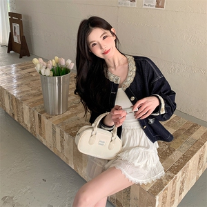 蕾丝拼接小香风牛仔外套女2025春季新款超好看减龄小个子夹克上衣图片