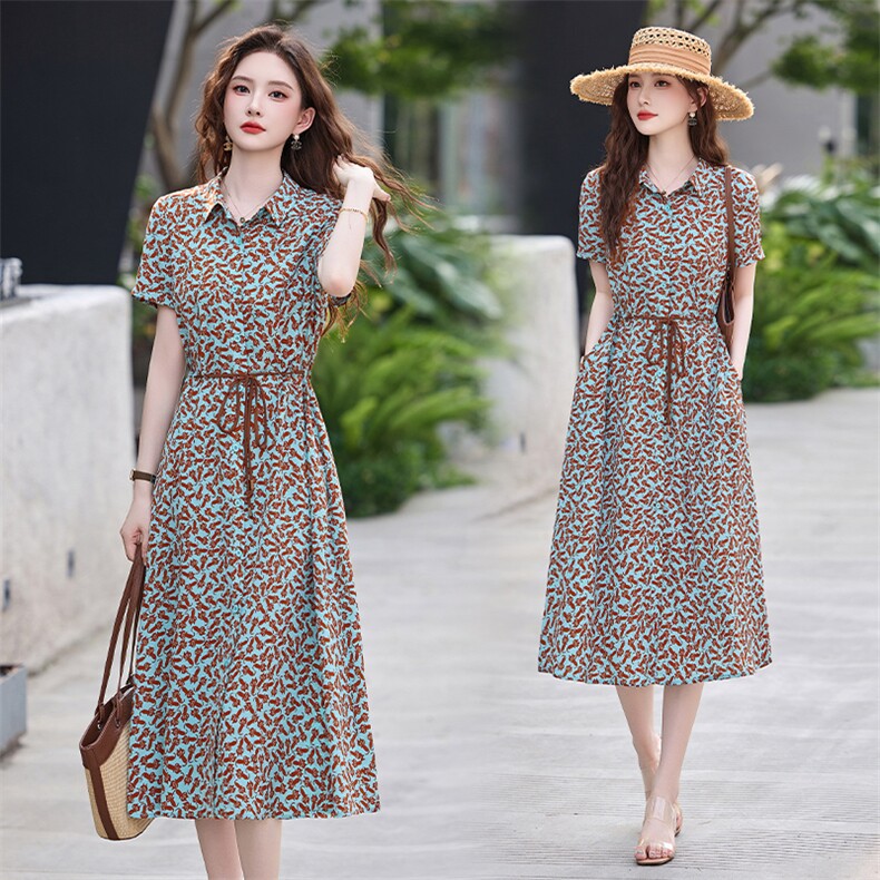 复古气质印花连衣裙女2025夏季新款时尚翻领系带收腰显瘦衬衫裙子，女装连衣裙，鑫鑫美