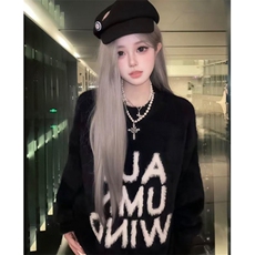 秋季复古圆领字母印花撞色宽松马海毛长袖套头针织毛衣男女M408，男装针织衫/毛衣，星座1116A（原606A-3）