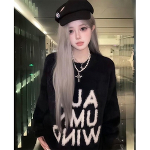 秋季复古圆领字母印花撞色宽松马海毛长袖套头针织毛衣男女 M408图片
