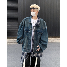 得物二开设计感格子不规则拼接假两件牛仔外套男夹克JK1279-P65，男装工装外套，星座1103-3