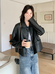 甜酷复古PU皮衣外套女2025早春新款黑色小翻领蛋白皮小个子上衣图片