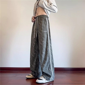条纹灯芯绒裤子男春秋季宽松直筒阔腿运动裤潮牌美式重磅休闲长裤图片