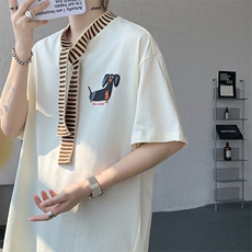 8XL-M纯棉复古拼接假领带设计短袖美式T恤男重工情侣上衣潮DX341，男装T恤，电商D206-1