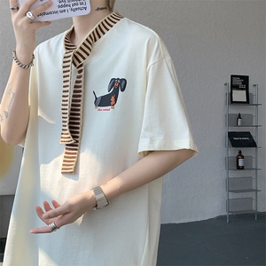 8XL-M 纯棉复古拼接假领带设计短袖美式T恤男重工情侣上衣潮DX341图片