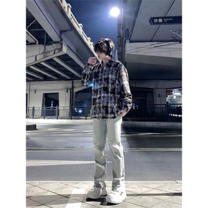 春季长袖衬衫外套男高级感痞帅美式格子扎染翻领CG40-P42图片