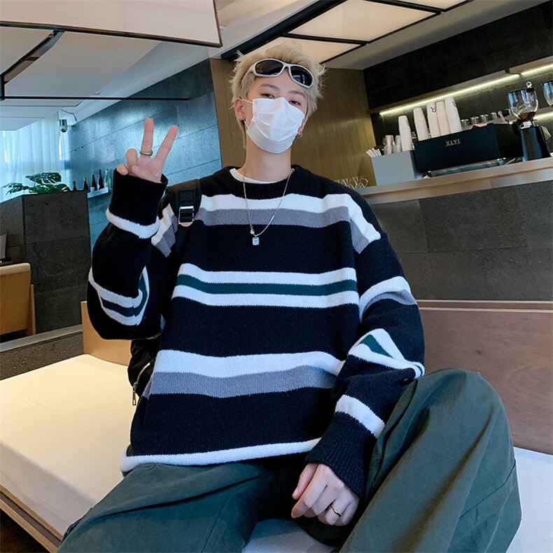 M9106/P60秋冬新款圆领毛衣男百搭简约潮宽松条纹打底针织衫,男装针织衫/毛衣,电商A141