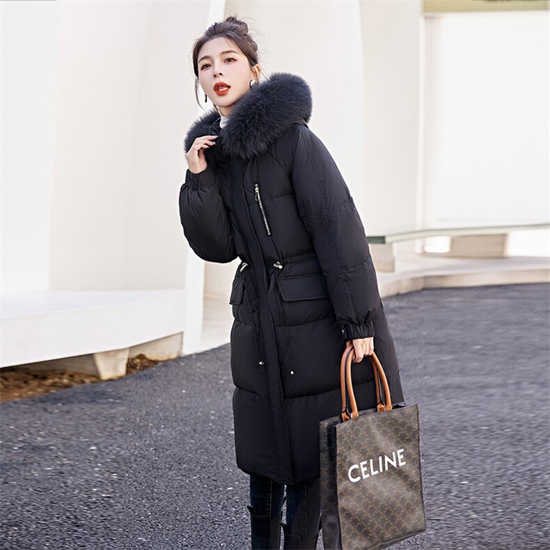 奢华狐狸毛领羽绒服女中长款2023冬季新款加厚过膝白鸭绒保暖外套,女装风衣,涵亦佰惠