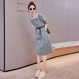 韩版假两件拼接牛仔连衣裙女2024春秋新款时尚气质收腰显瘦a字裙图片