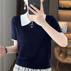 翻领冰丝短袖针织衫女夏季薄款设计感钉珠拼色POLO衫T恤打底上衣，女装针织衫/毛衣，暖姿羊绒