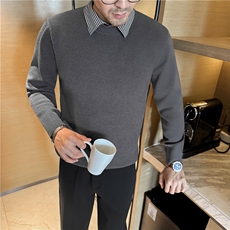 莱赛尔面料条纹衬衫领男士加厚毛衣假两件含羊毛针织衫M8816-P88，男装针织衫/毛衣，电商A213