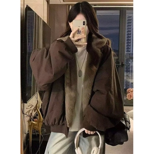 男女款秋冬季小众座山雕毛绒连帽卫衣双面穿外套情侣棉服 MW872图片