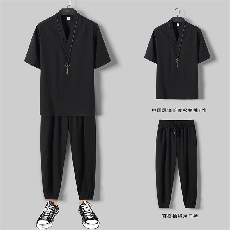 2025夏装盘扣短袖t恤九分裤冰丝套装男大码休闲套装TZ19P65,男装T恤,电商C323