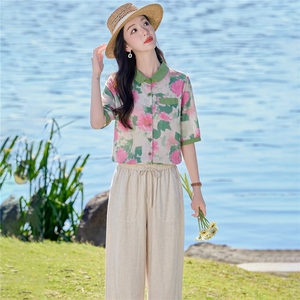 2026年夏季休闲时尚翻领印花上衣衬衫裤子套装两件套女图片