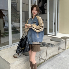 独特超好看牛仔拼接棒球服外套女春2025新款美式休闲宽松夹克上衣，女装短外套，辉之琳