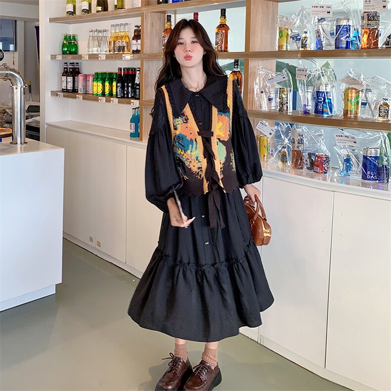针织马甲黑色套装连衣裙女秋季2025新款娃娃领减龄显瘦时尚两件套图片