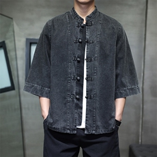 夏季牛仔七分袖衬衫盘扣立领上衣宽松大码男休闲CS2504-P7088，男装衬衫，电商A008