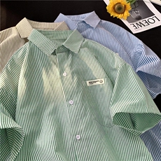 学院风日系条纹衬衫短袖夏季男女高级感衬衣-C05-p37，男装衬衫，星座222-7