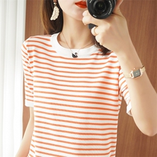 纯棉条纹针织短袖t恤女宽松打底衫2025春季新款镂空圆领半袖上衣，女装T恤，秋虹羊绒