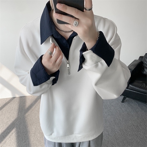 新款假两件条纹拉链衬衫领休闲春款卫衣 高街休闲学院卫衣 特P50图片