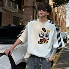 抖音得物品质二开240克宽松纯棉美式潮牌印花三条杠中性风短袖T恤，男装T恤，电商A486
