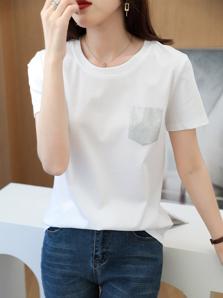 2024夏季新款前丝后棉真丝拼接T恤女桑蚕丝圆领缎面印花烫钻短袖,女装T恤,元素羊绒