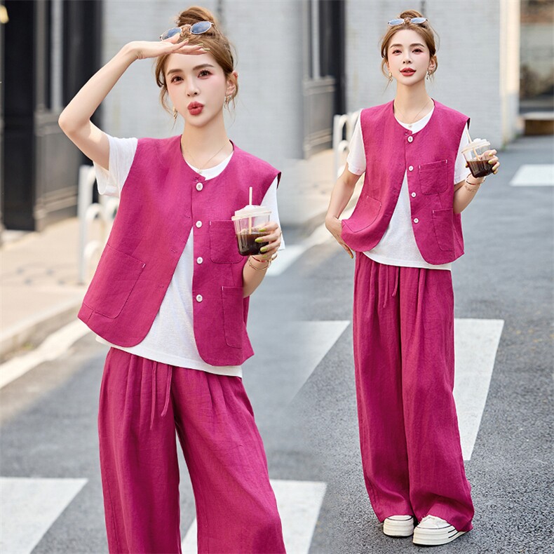 2025夏季新款纯色马甲玫红色三件套阔腿长裤T恤女装高档透气麻料，女装套装/套裙，布芭啦