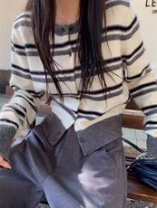 2025年秋季时尚女士长袖三色拼色，女装针织衫/毛衣，百纯羊绒