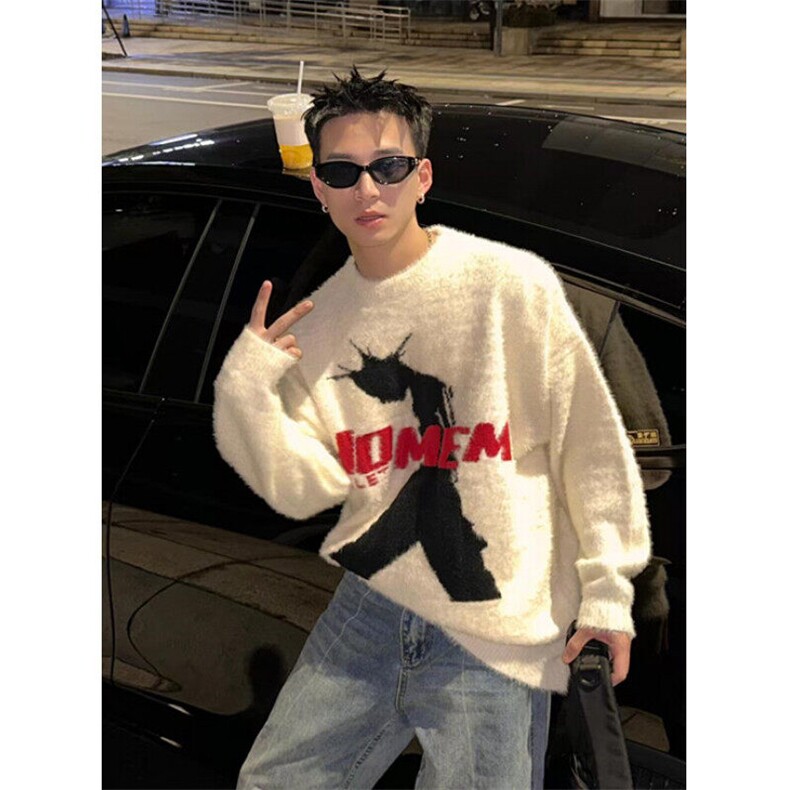 水貂毛针织衫男秋冬人像字母小众设计感宽松慵懒风毛衣MS67,男装针织衫/毛衣,星座1116A（原606A-3）
