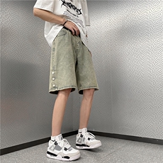 复古排扣牛仔短裤男款阔腿夏季美式直筒五分裤子潮牌D11-P38，男装牛仔裤，星座308B-1