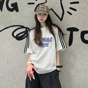 抖音得物高品质二开240克宽松纯棉美式潮牌三条杠织带短袖T恤图片