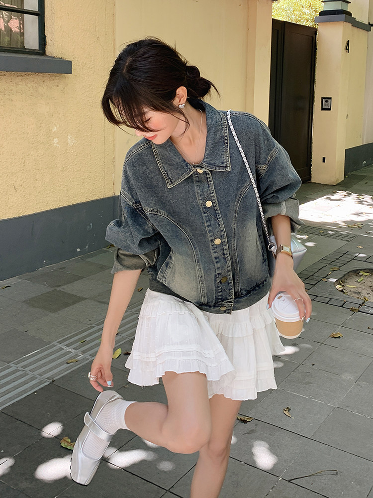 港风复古牛仔外套女2025春季新款高级感设计感宽松减龄小个子夹克,女装短外套,浪娴服饰