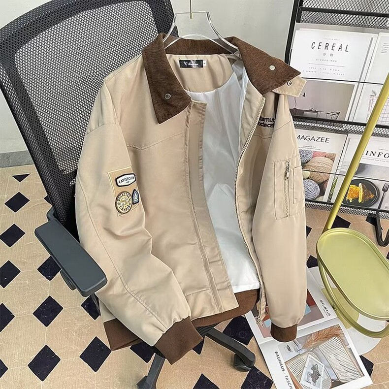 美式复古街头工装休闲夹克男高街vibe嘻哈休闲宽松翻领棒球服潮图片