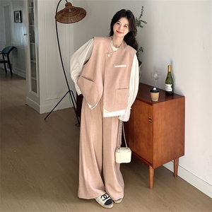 粉色超好看时尚套装女秋季2025新款时尚洋气衬衫马甲阔腿裤三件套图片
